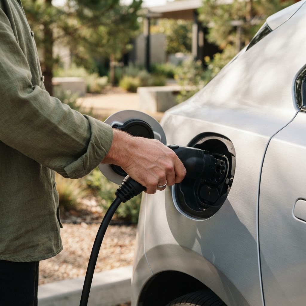 A driver connecting an electric car to a charging point