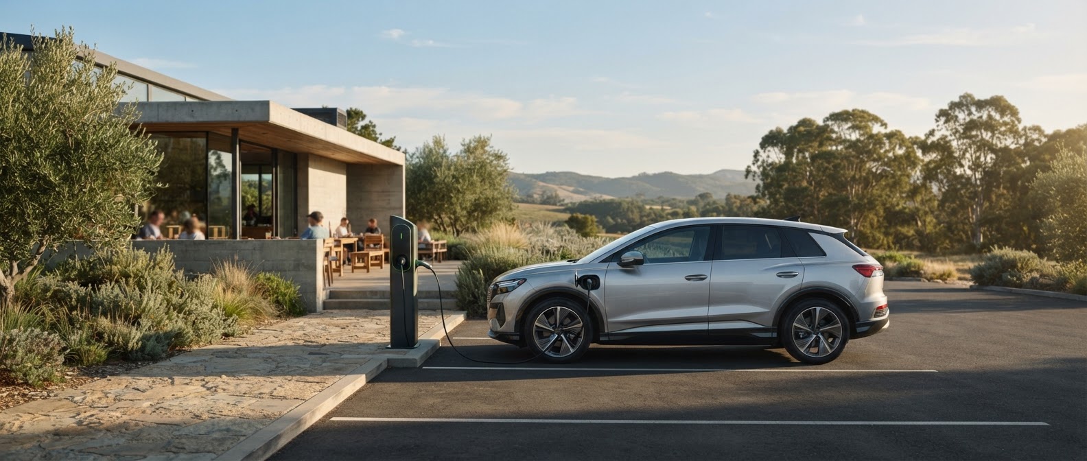 An electric car parked at a charging stop beside an everyday destination